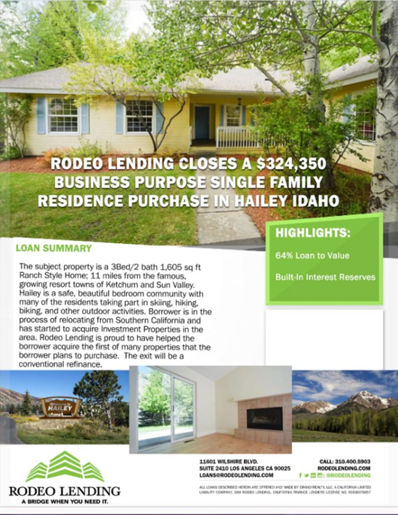 Rodeo Lending Closes a $324,350 Business Purpose Single Family Residence Purchase in Hailey Idaho