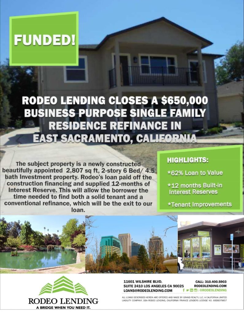 Rodeo Lending Closes a $650,000 Business Purposes Single Family Residence Refinance in East Sacramento, California
