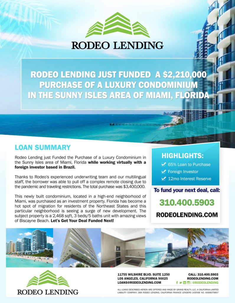 Rodeo Lending Funds a $2,210,000 Purchase of a Luxury Condominium in Miami Florida